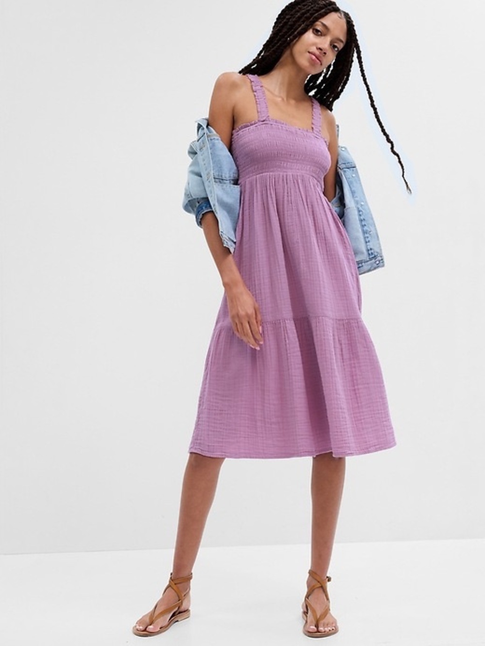 GAP Sz L Lilac Gauze Cotton Tiered Relaxed Casual Midi Dress